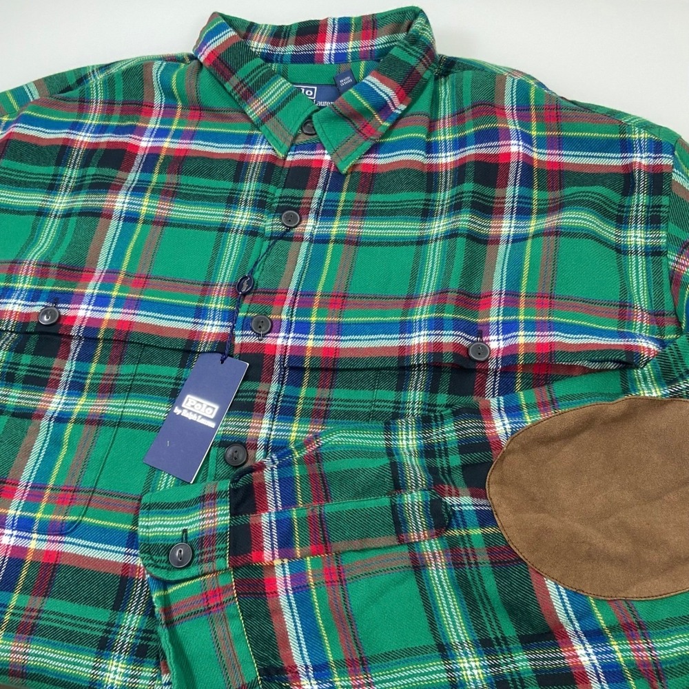 Polo Ralph Lauren Mens 2XLT Flannel Suede Patch Plaid Workshirt Green Plaid NEW